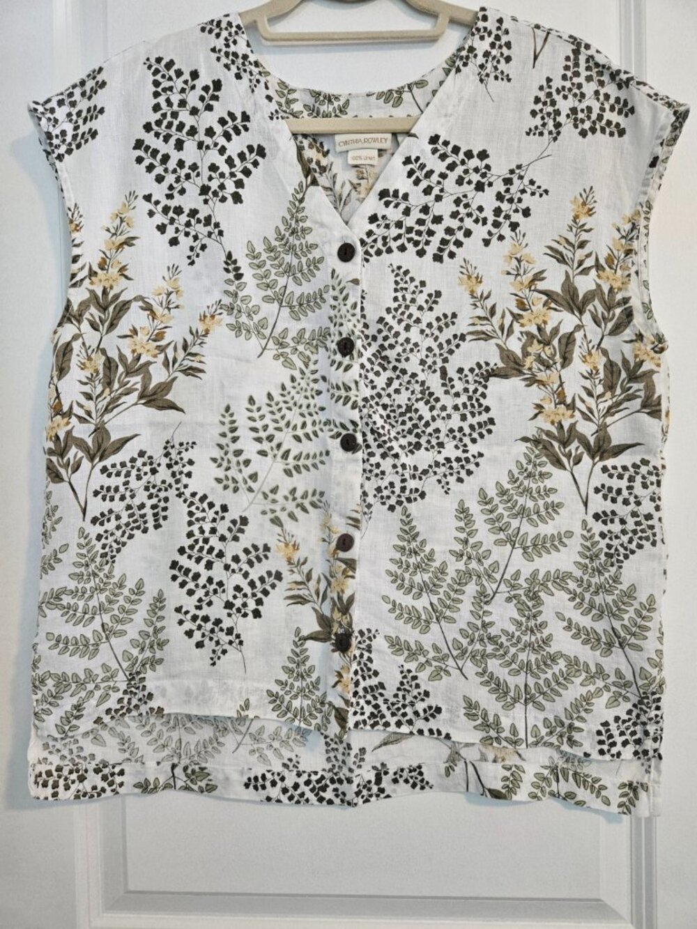Cynthia Rowley 100% Linen Floral Top Sleeveless Button Front Size M